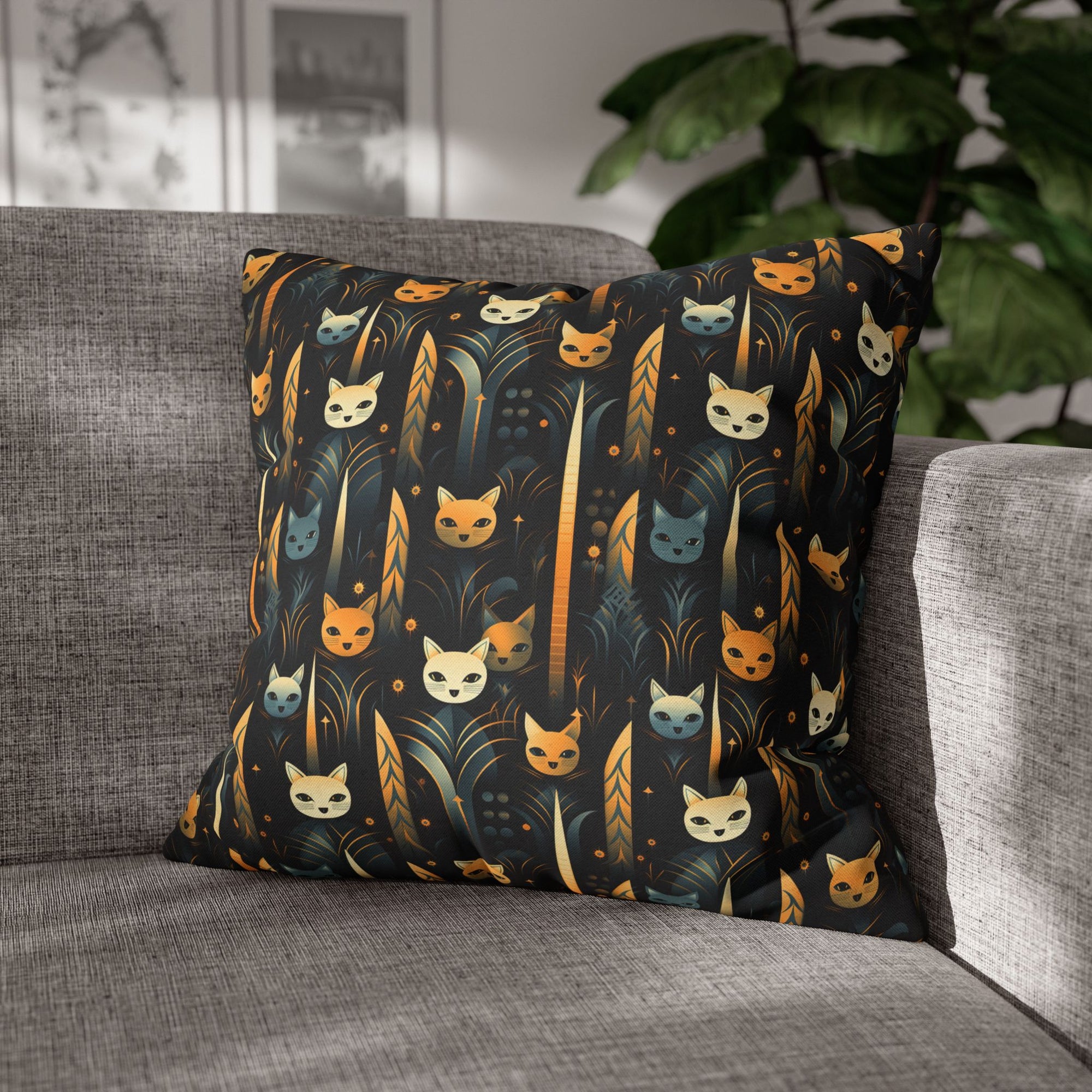 Square Pillowcase - A sleek and stylish Art Deco-inspired pattern depicting a serene nocturnal landscape with streamlined cat silhouettes and radiating golden light among abstract plants.